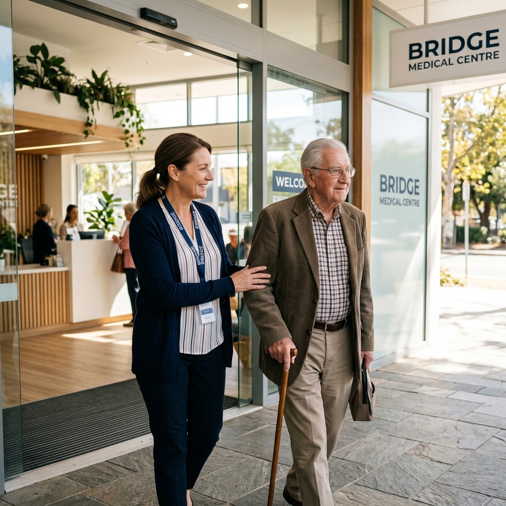 Bridge Captain walking with a senior patient into a clinic
